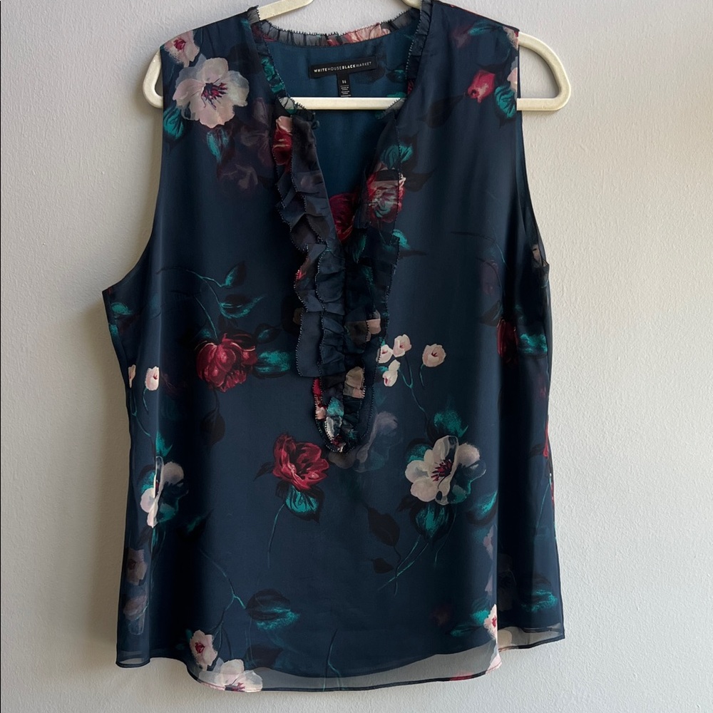 White House Black Market Floral Ruffle Blouse - Blue and Red